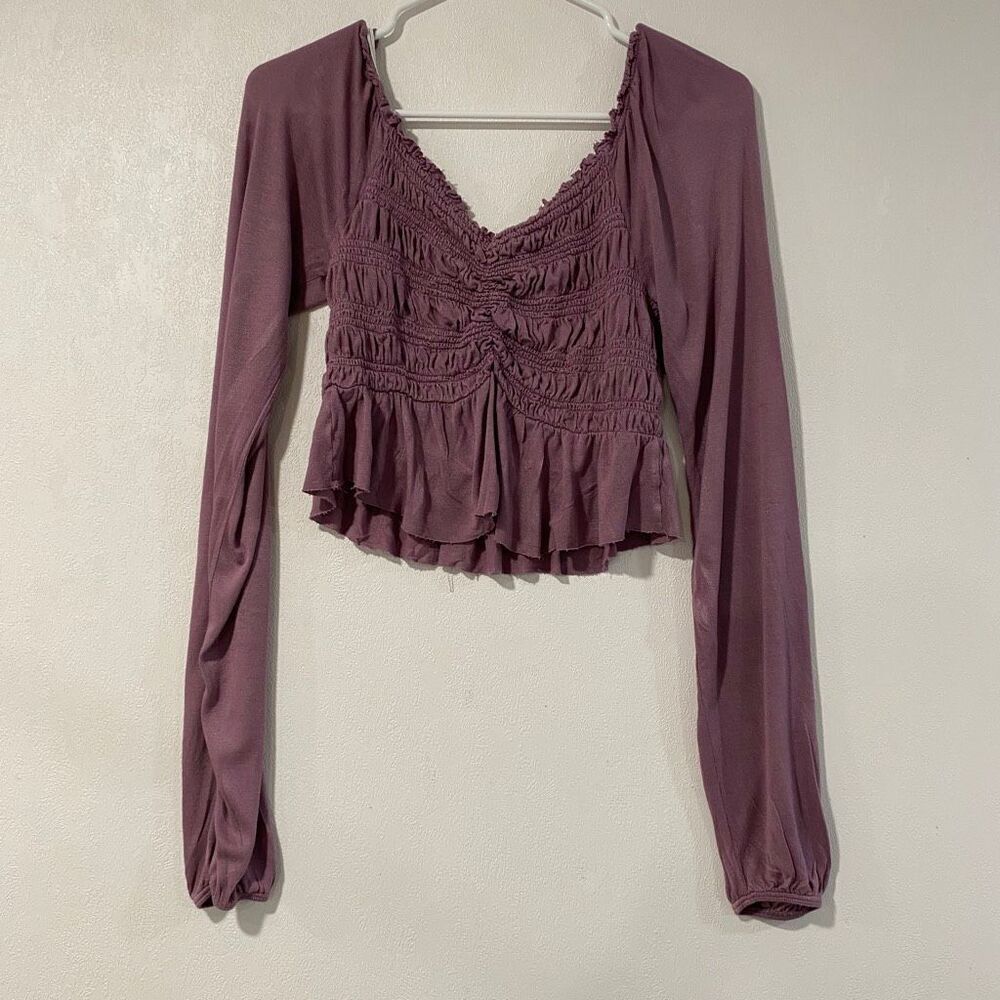 Urban Outfitters UO Outfitter Smocked Ruched Crop Top Long Sleeve Purple